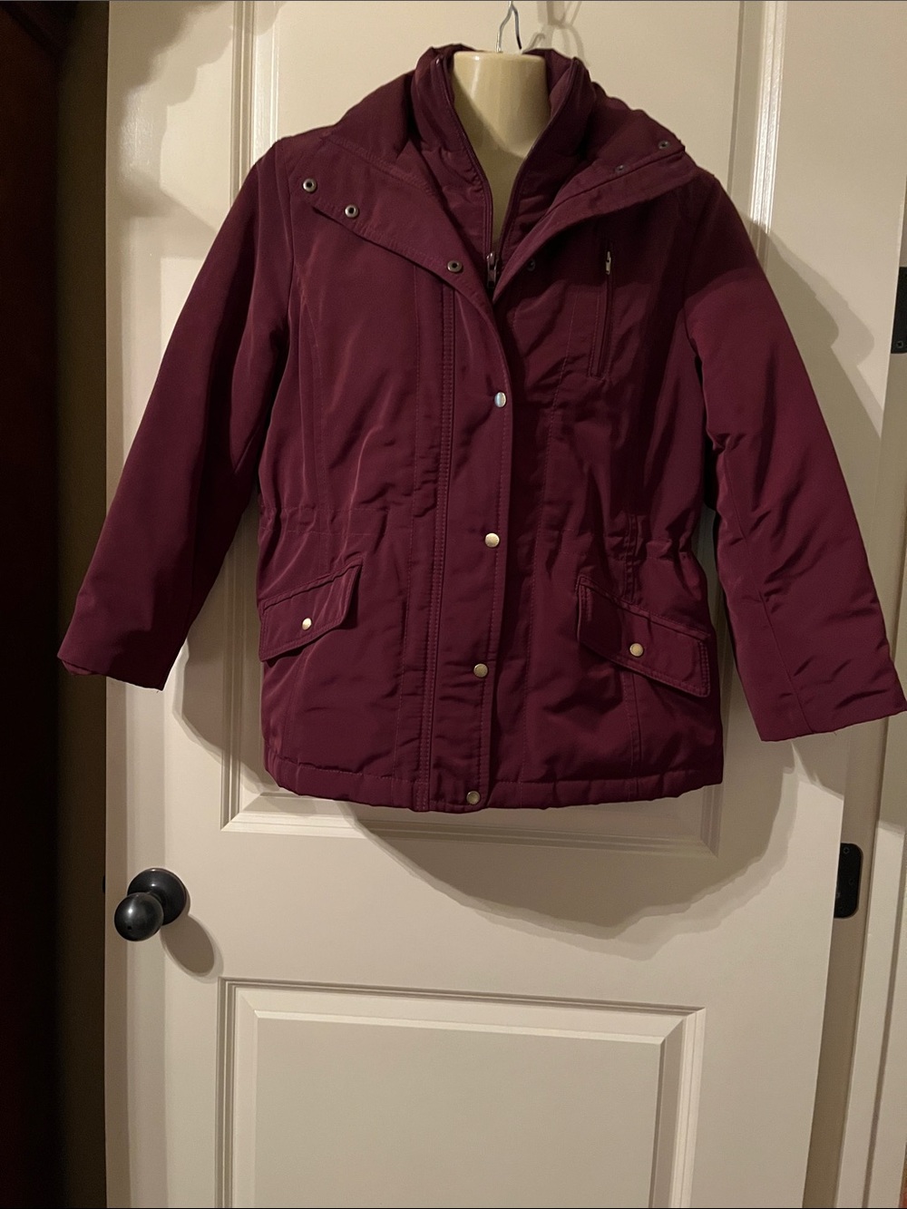 Talbots Burgundy Quilted Down Filled Cinched Coat Womens Size Petite Medium